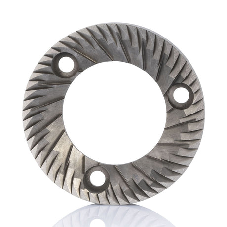 This product description is for an SVART UNIFORM 58MM FLAT BURR with a circular shape, featuring radial grooves and three equally spaced mounting holes near the center. The surface of the disc is textured with sharp, angular patterns for optimal grinding purposes. The background is white.