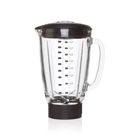 An empty, clear KNUS GLASS JUG with black measurement markings in both cups and milliliters, a black plastic base labeled WBLB-1400S, a black lid, and a transparent handle, isolated on a white background.