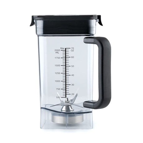 A clear POWERFUEL XL COMPLETE JUG with a black handle and lid, featuring measurement markings in milliliters (up to 2000 ml) and ounces (up to 70 oz). The large flask has a set of metal blades at the bottom. The lid is secured with side clips.