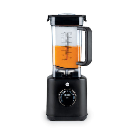 A clear POWERFUEL XL COMPLETE JUG with a black handle and lid, featuring measurement markings in milliliters (up to 2000 ml) and ounces (up to 70 oz). The large flask has a set of metal blades at the bottom. The lid is secured with side clips.