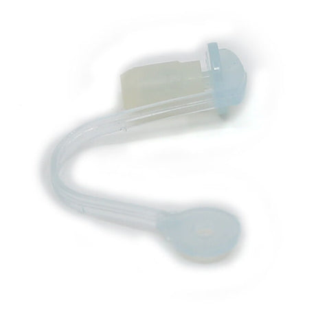 A transparent medical device with a flexible, curved tube and a flat, round disc at one end, and a small, rectangular component at the other end positioned against a white background. Resembling precise engineering akin to the FROSTBITT DRAIN PLUG.
